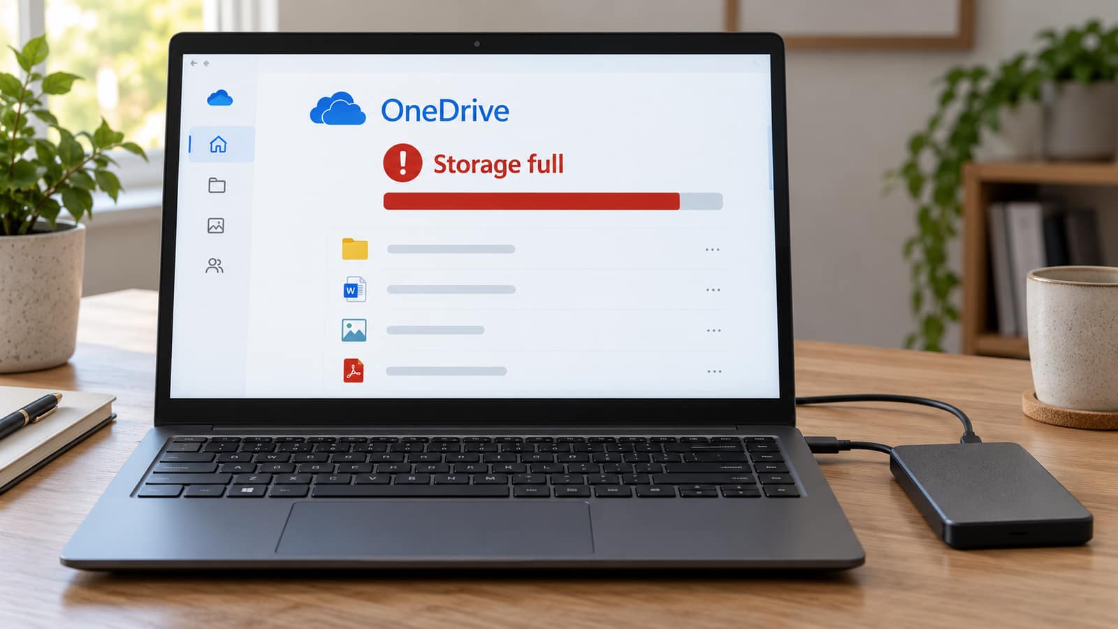 Illustrative laptop showing a OneDrive Storage full warning beside a connected portable backup drive on a home-office desk