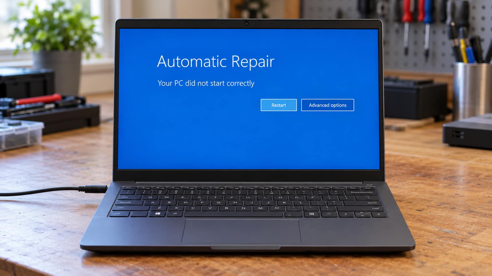 Illustrative laptop on a repair desk displaying the Windows Automatic Repair screen with Restart and Advanced options buttons