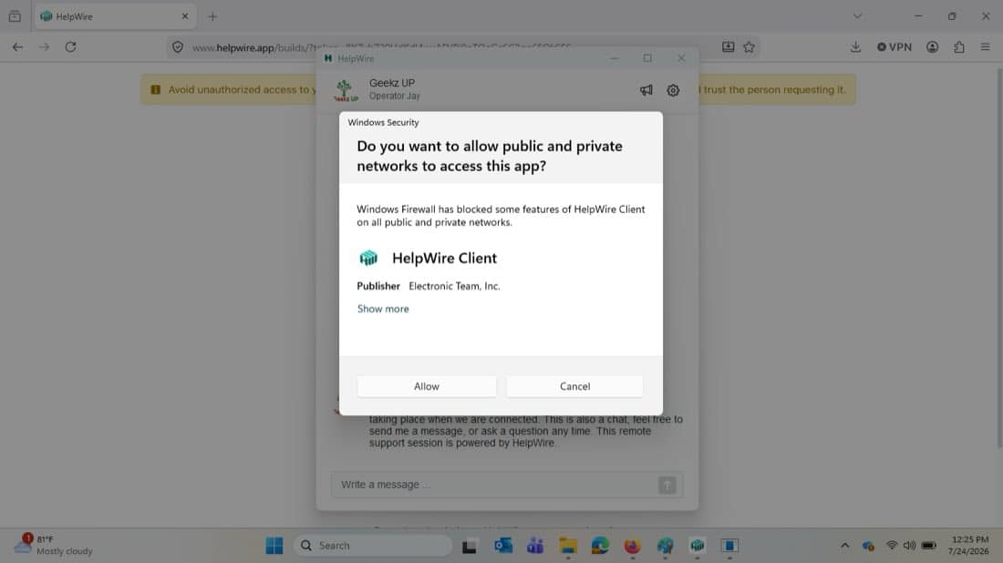 Windows Security dialog asking to allow HelpWire Client, with the Allow button