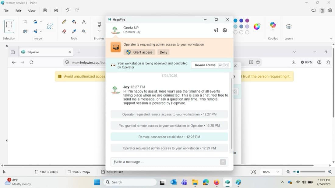 HelpWire admin-access request with the Grant access button