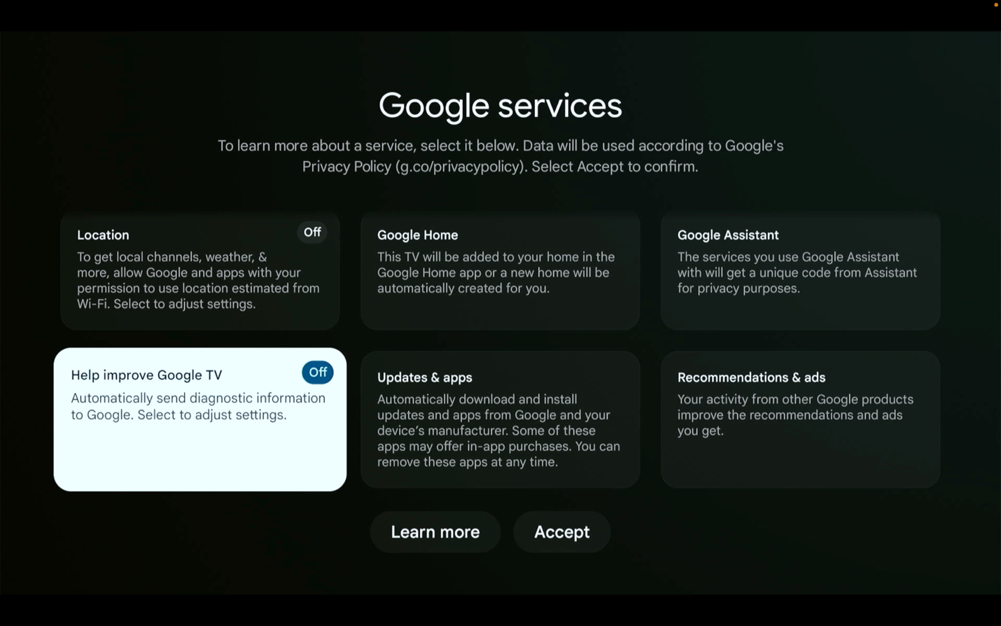 Step 3 disable Location and Help improve Google TV